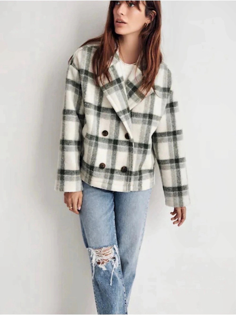 Madewell Jacquard Double-Breasted Crop Blazer in Plaid size medium